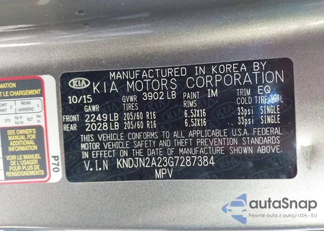 2016 Kia Soul z USA, uszkodzony, nr VIN KNDJN2A23G7287384